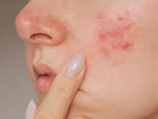 Gros plan sur une joue avec un bouton d'eczéma rouge et irrité, une personne touche délicatement la zone affectée.