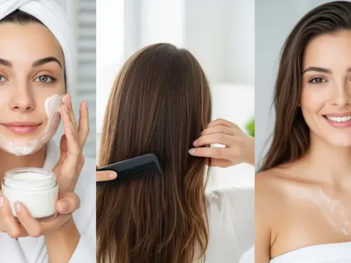 Soins du visage et des cheveux : une femme applique une crème, se peigne les cheveux. Attention, le panthénol peut présenter un danger.