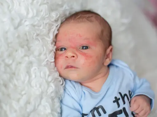 Visage de bébé avec un bouton de lait, sur une couverture blanche et moelleuse.