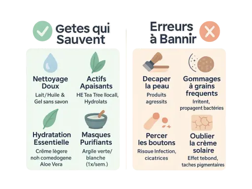 Conseils pour une peau à imperfections : nettoyage doux, actifs apaisants, hydratation essentielle, masques purifiants. À éviter : décaper la peau, gommages fréquents, percer les boutons, oublier la crème solaire.