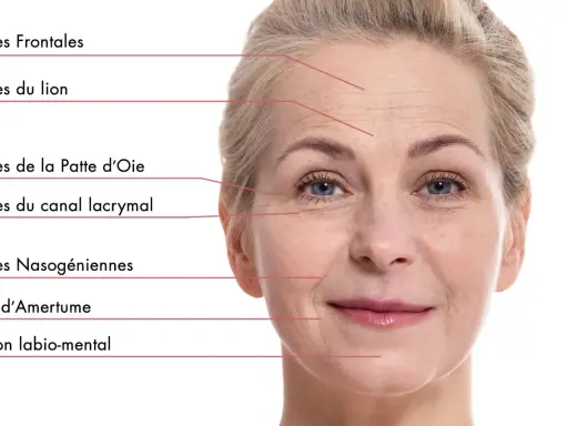Visage d'une femme montrant les rides du visage signification : frontales, du lion, patte d'oie, canal lacrymal, nasogéniennes, plis d'amertume, sillon labio-mental.