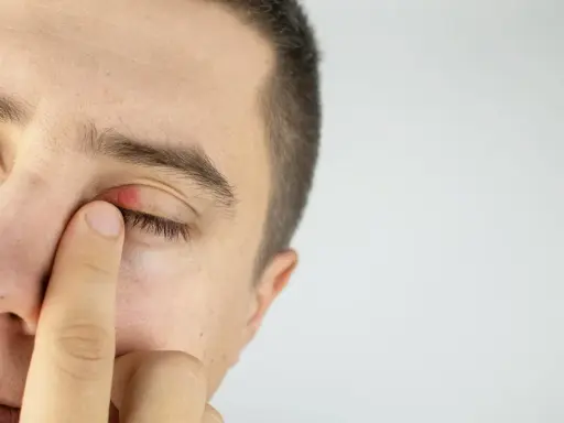 Un homme touche son œil, dont les paupières rouges montrent un orgelet.