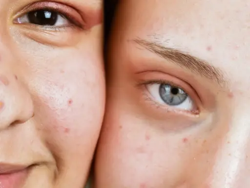 Gros plan sur deux visages, montrant des imperfections cutanées, un bouton stress visible sur la joue de l'une d'elles.