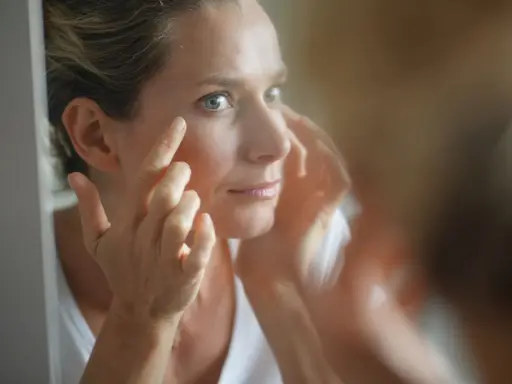 Une femme examine son visage dans un miroir, préoccupée par les signes de glycation, un processus qui affecte la peau.