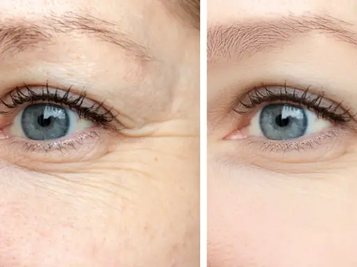 Comparaison avant/après : la peau déshydratée montre des rides marquées autour de l'œil, tandis que la peau hydratée apparaît lisse et repulpée.