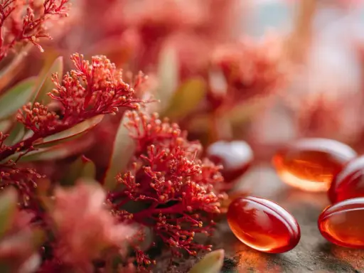 Gélules rouges orangées près de plantes rouges. L'astaxanthine, bien que bénéfique, peut présenter un danger si mal dosée.
