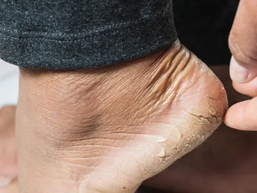 Gros plan sur un talon sec et craquelé, signe de xérose pied. La peau est rugueuse et des lambeaux se détachent.