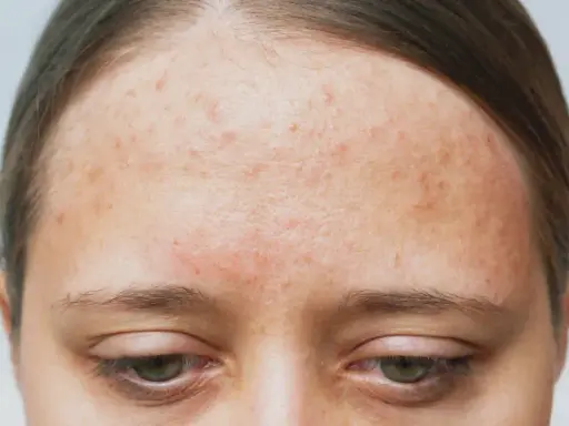 Front de la peau avec des rougeurs et des imperfections, signes d'acné rétentionnelle.