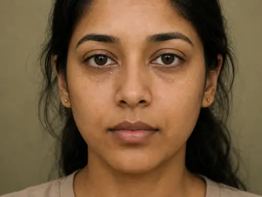 Visage d'une jeune femme avec de petits points blancs sous les yeux, indiquant un grain de milium infecté.