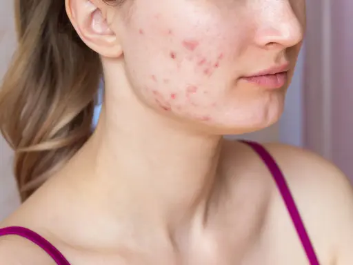 Visage d'une jeune femme montrant des rougeurs et des boutons, signes d'acné inflammatoire.