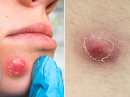 Gros bouton blanc sur la joue, examiné par une main gantée de bleu. Un autre bouton rouge et enflammé sur la peau.