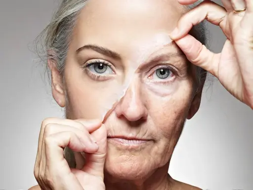Visage d'une femme dont la peau est retirée, révélant les signes du vieillissement cutané.