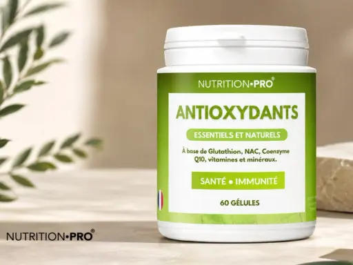 Flacon de compléments "Antioxydants" de Nutrition Pro, essentiels et naturels pour la santé et l'immunité.