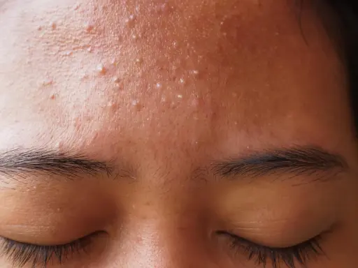 Gros plan sur le front d'une personne avec de nombreux petits boutons blancs, signe d'une peau à imperfections.
