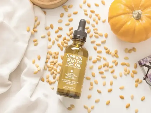 Flacon d'huile de pépin de courge, entouré de graines et d'une petite citrouille. Attention, l'huile de pépin de courge peut présenter un danger si mal utilisée.