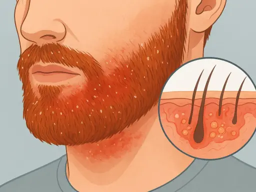 Gros plan sur une barbe rousse avec des pellicules. Un cercle montre une coupe de peau avec des follicules pileux.