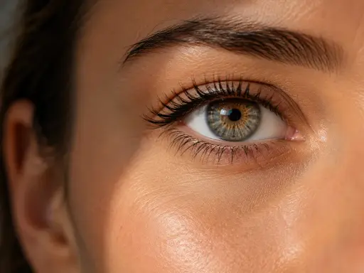 Œil humain aux iris verts et bruns, reflet de la lumière. L'astaxanthine bienfaits pour la peau et la vision sont visibles ici.