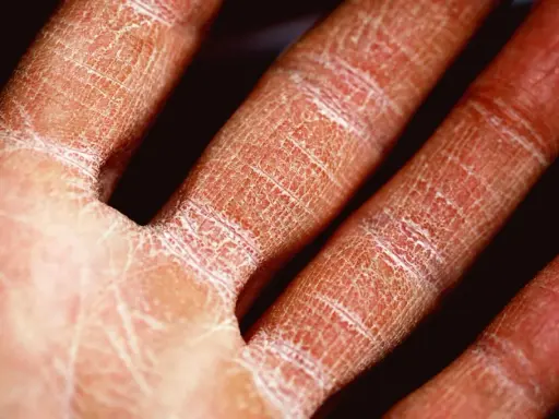 Main sévèrement atteinte par l'eczéma, la peau est rouge, sèche et craquelée, formant un réseau de fines lignes blanches.