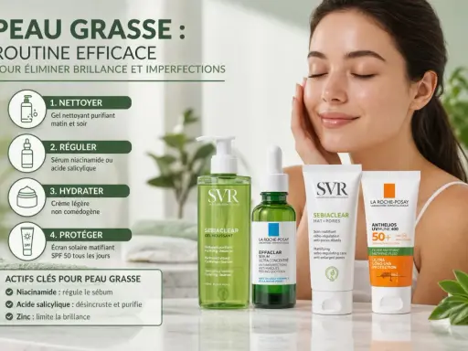 Routine efficace pour peau grasse : nettoyer, réguler avec niacinamide, hydrater, protéger. Acide salicylique et zinc sont clés.
