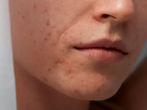 Gros plan sur le visage d'une femme montrant des rougeurs et des imperfections, typiques de l'acné de grossesse.