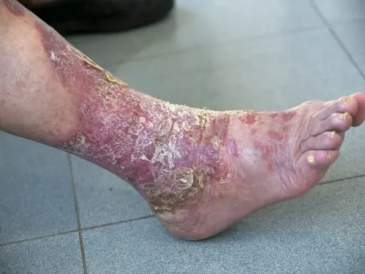 Psoriasis palmo plantaire sévère sur la jambe et le pied, avec peau rouge, squameuse et craquelée.