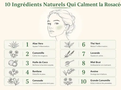 L'aloe vera et la camomille apaisent la peau sujette à la couperose. Illustration d'une femme et liste d'ingrédients naturels.