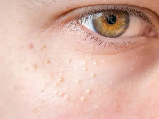 Gros plan sur la peau d'un œil, parsemée de petits points blancs, des grains de milium, qui ressemblent à de minuscules perles incrustées.