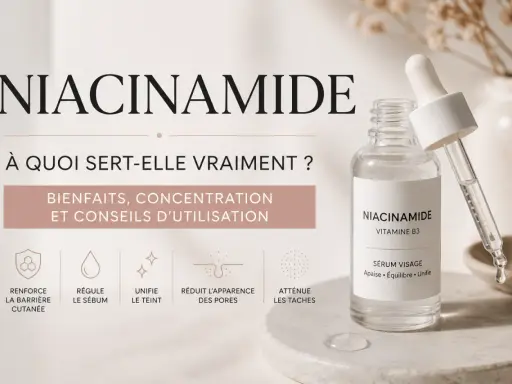 Sérum visage à la niacinamide, expliquant ses bienfaits : renforce la barrière cutanée, régule le sébum, unifie le teint, réduit les pores et atténue les taches. Conseils d'utilisation inclus.
