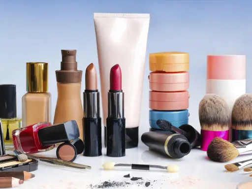 Collection de produits cosmétiques, dont rouges à lèvres, vernis et pinceaux. Un produit cosmétique sans date de péremption, idéal pour une trousse de beauté.
