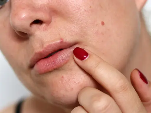 Un doigt avec un ongle rouge touche un petit bouton acné lèvre.