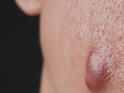Gros plan sur une peau présentant des pores dilatés et une lésion inflammatoire typique de l'acné conglobata.