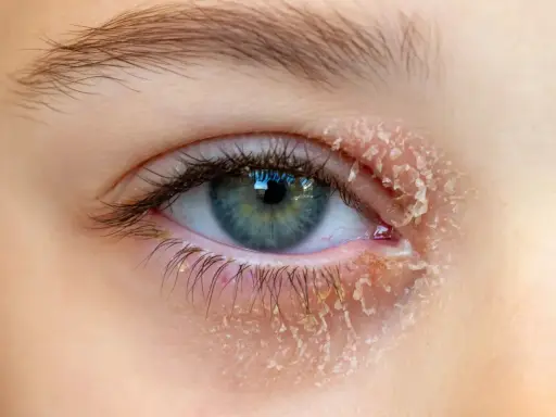 Œil avec peau sèche et squameuse autour, symptôme d'un eczéma paupière.