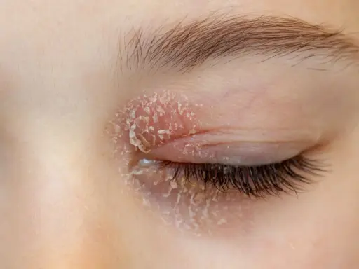 Paupière rouge et irritée avec une plaque rouge sous les yeux allergie, la peau pèle.