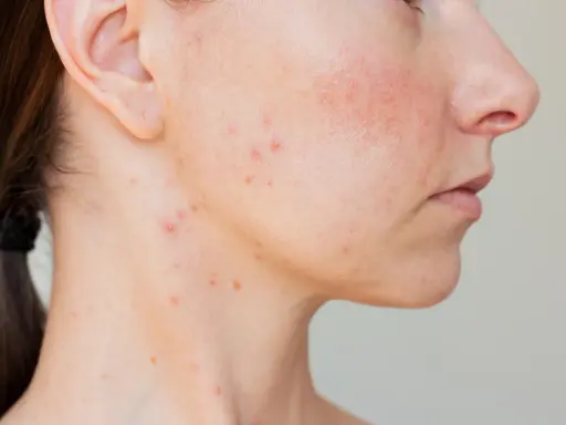 Peau du bas du visage avec des rougeurs et un bouton.