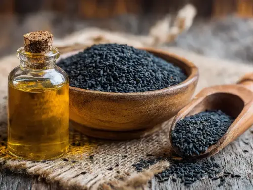 Flacon d'huile de nigelle à côté d'un bol de graines noires. L'huile de nigelle est réputée pour soulager l'eczéma.