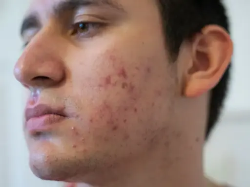 Visage d'un jeune homme avec des rougeurs et des boutons, signes d'acné nodulaire.