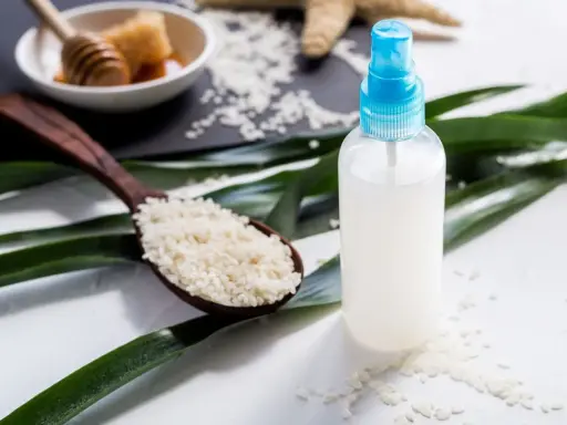 Bouteille de spray contenant de l'eau de riz pour le visage, avec une cuillère de riz et du miel en arrière-plan.