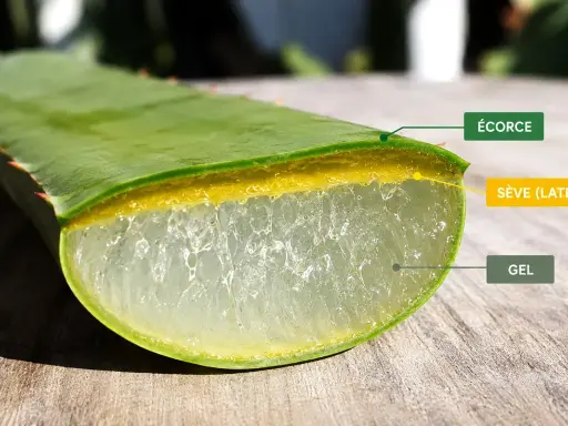Coupe d'une feuille d'aloe vera montrant le gel et la sève (latex), dont la consommation peut présenter un danger.