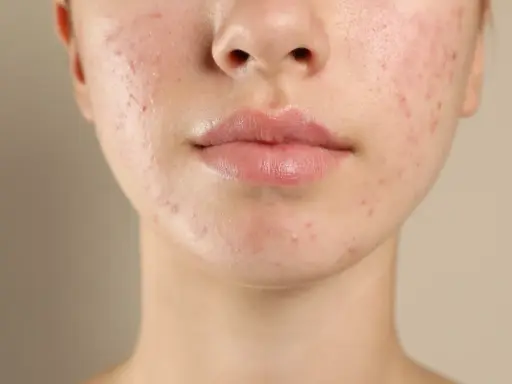 Visage d'une jeune femme avec une peau à tendance acnéique. L'acide salicylique fait ressortir les boutons, révélant une peau en cours de traitement.