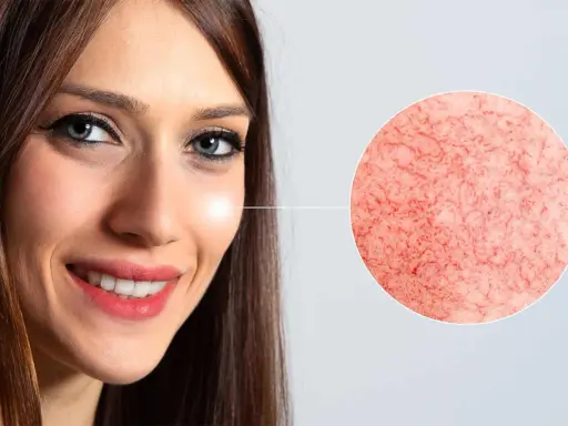 Gros plan sur le visage d'une femme souriante, avec un zoom sur des vaisseaux sanguins dilatés. Pourquoi ce nez rouge ?