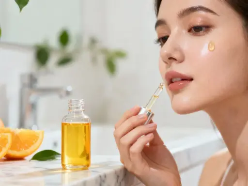 Une femme applique un sérum éclatant, riche en vitamine C et E, inspiré par la fraîcheur des oranges.