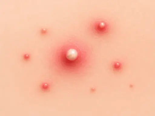 Gros plan sur un type de bouton sur la peau, avec un bouton blanc au centre entouré de rougeurs et de plusieurs petits boutons.