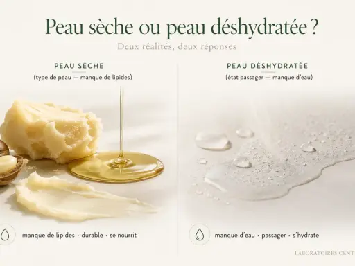 Beurre de karité et huile pour peau sèche (manque de lipides). Gouttes d'eau pour peau déshydratée (perte insensible en eau).