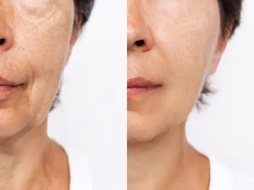 Comparaison avant/après : la peau du visage montre une réduction visible des ridules et une amélioration de la texture.
