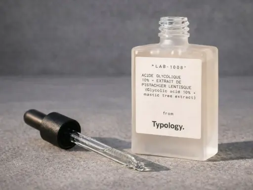 Flacon de sérum Typology Acide Glycolique 10%. La question "peut on mélanger acide glycolique et acide hyaluronique" est au cœur des routines de soins.
