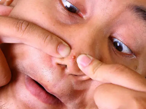 Doigts pinçant un gros bouton noir sur la peau du nez, gros plan sur le visage.
