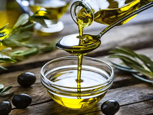 L'huile d'olive visage, dorée et pure, coule d'une cuillère dans un bol en verre. Des olives noires et des feuilles d'olivier complètent cette scène naturelle.
