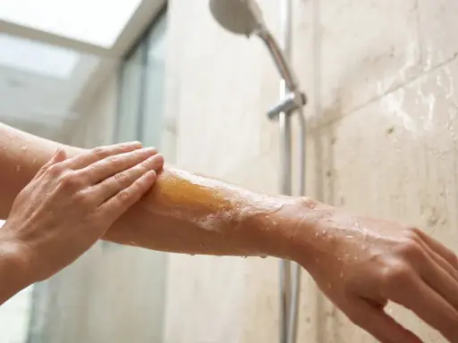 Une main applique du lait de douche moussant sur un bras sous la douche. C'est quoi le lait de douche ? Une expérience hydratante.