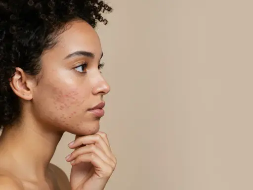 Profil d'une jeune femme avec de l'acné sur la joue, illustrant l'effet du sucre sur la peau.