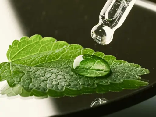 Goutte d'eau sur une feuille de menthe poivrée bouton, avec un compte-gouttes en verre au-dessus.